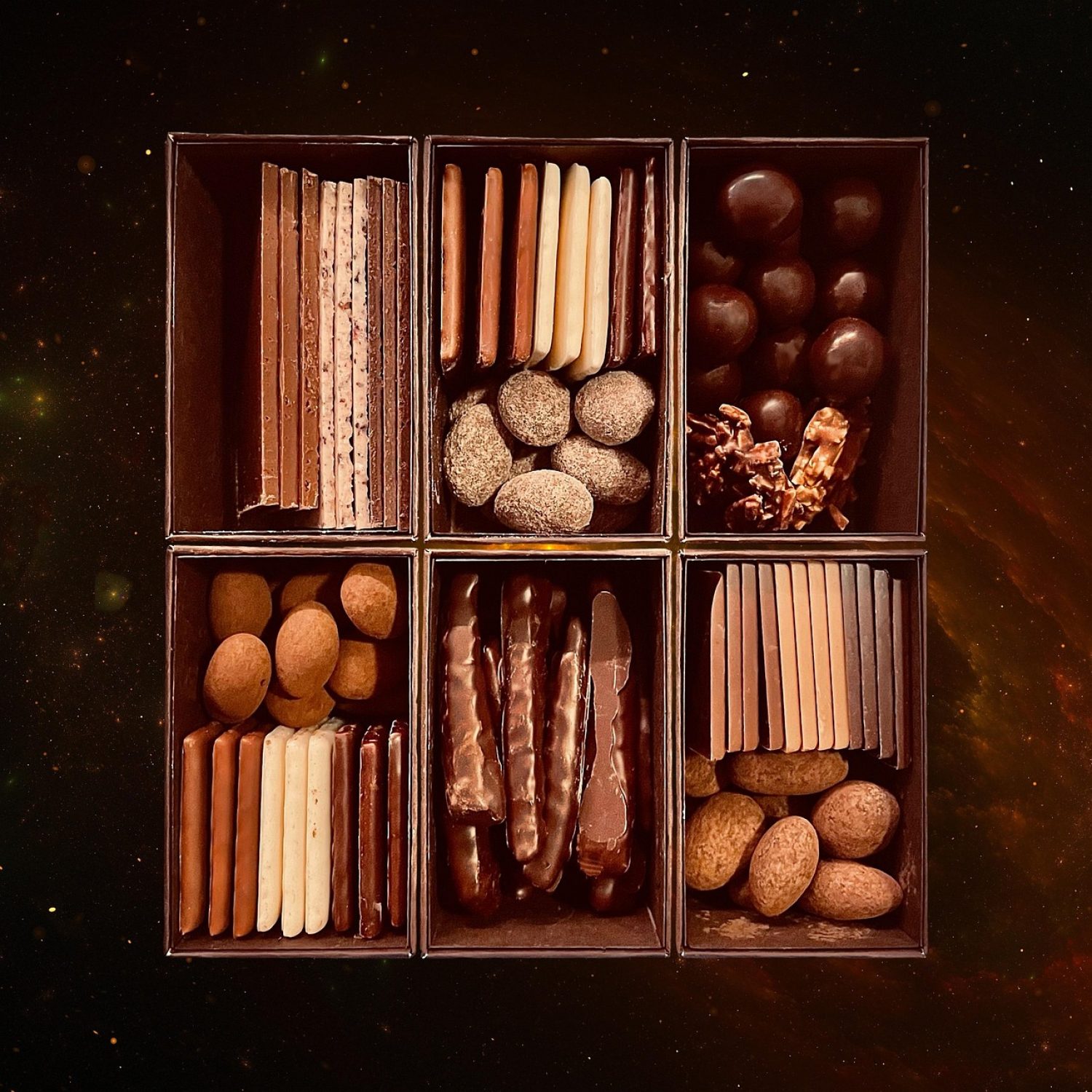chocolate, box, square, brown, white, almonds, hazelnuts, nougat, orange, caramel, cocoa, arrangement, chocolate, chocolate, chocolate, chocolate, chocolate