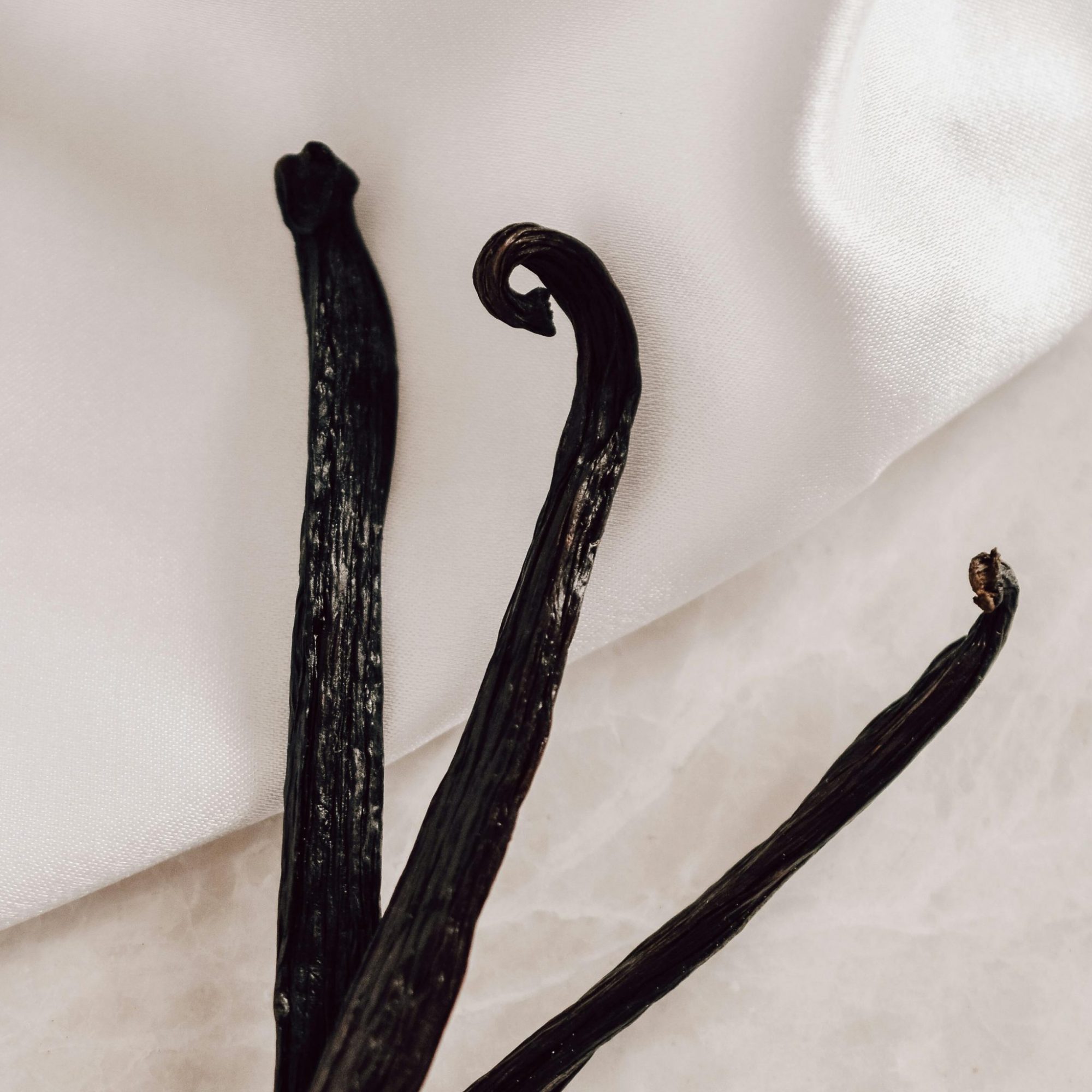 Elegant composition of dried vanilla beans on a delicate white fabric background.